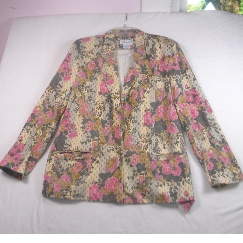 Deans of Scotland Womens Floral Cotton Blazer Jacket‎ Pink Gold Rose Print Large
